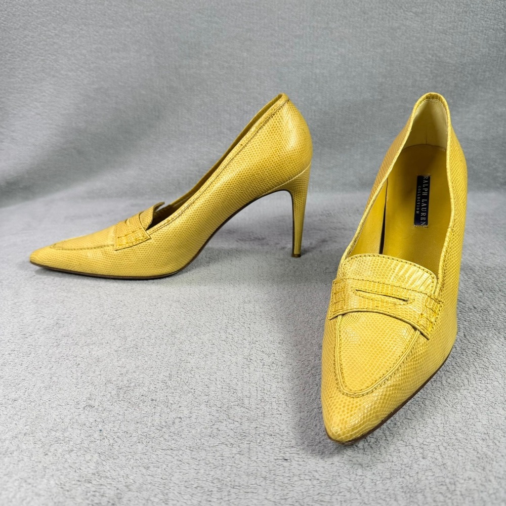 Ralph Lauren Collection Womens 8.5 Yellow Lizard Embossed Leather Loafer Pumps